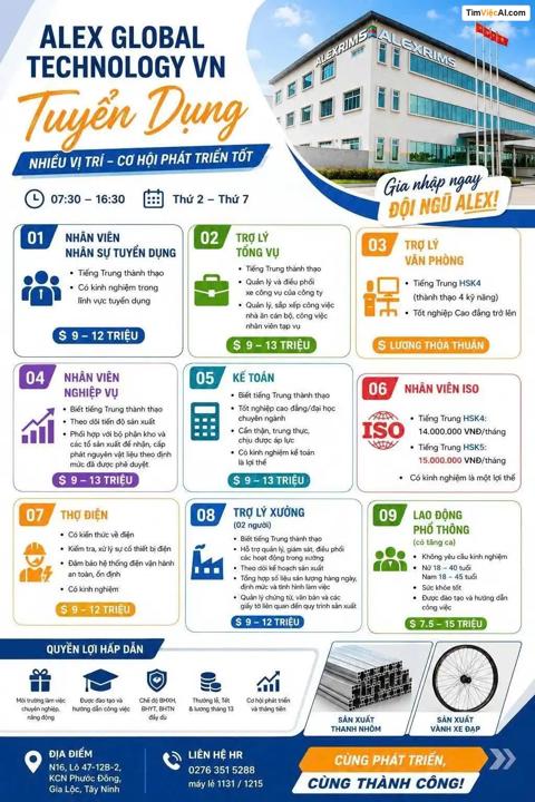 Nhân viên nhân sự tuyển dụng, Trợ lý tổng vụ, Trợ lý văn phòng, Nhân viên nghiệp vụ, Kế toán, Nhân viên ISO, Thợ điện, Trợ lý xưởng, Lao động phổ thông
