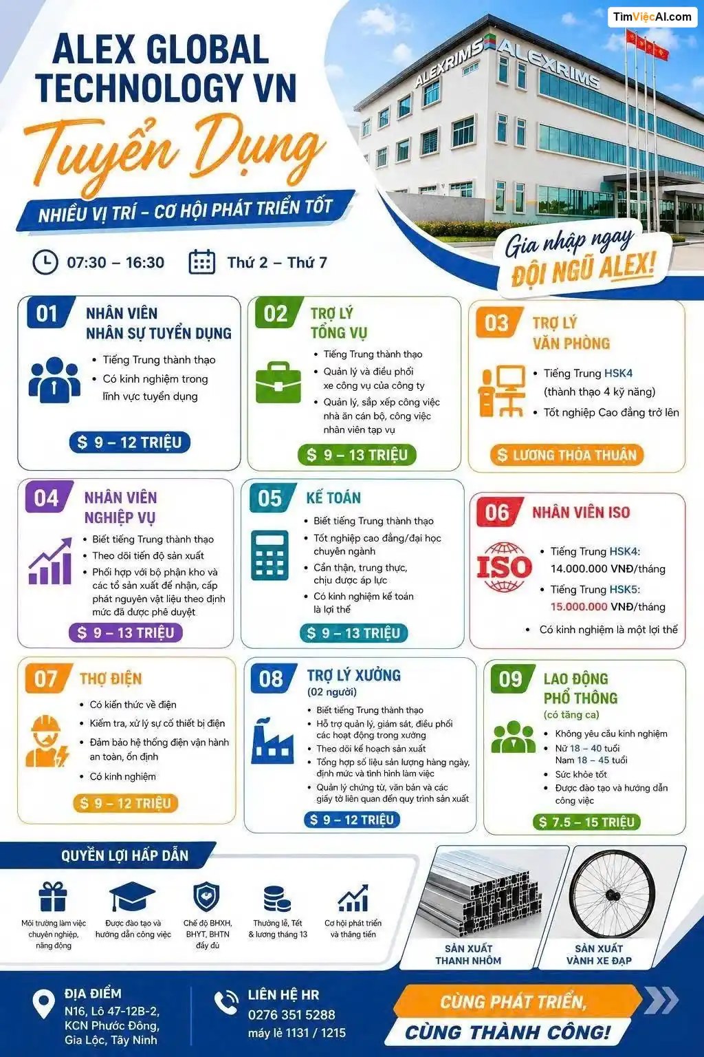 Nhân viên nhân sự tuyển dụng, Trợ lý tổng vụ, Trợ lý văn phòng, Nhân viên nghiệp vụ, Kế toán, Nhân viên ISO, Thợ điện, Trợ lý xưởng, Lao động phổ thông