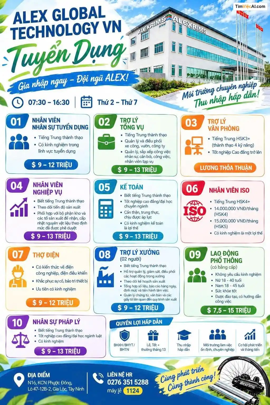 Nhân viên tuyển dụng, Trợ lý tổng vụ, Trợ lý văn phòng, Nhân viên nghiệp vụ, Kế toán, Nhân viên ISO, Thợ điện, Trợ lý xưởng, Lao động phổ thông, Nhân sự pháp lý