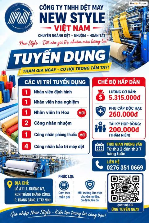 Nhân viên định hình, Nhân viên hóa nghiệm, Nhân viên In Hoa, Công nhân nhuộm, Công nhân phòng thuốc, Công nhân bảo trì máy dệt