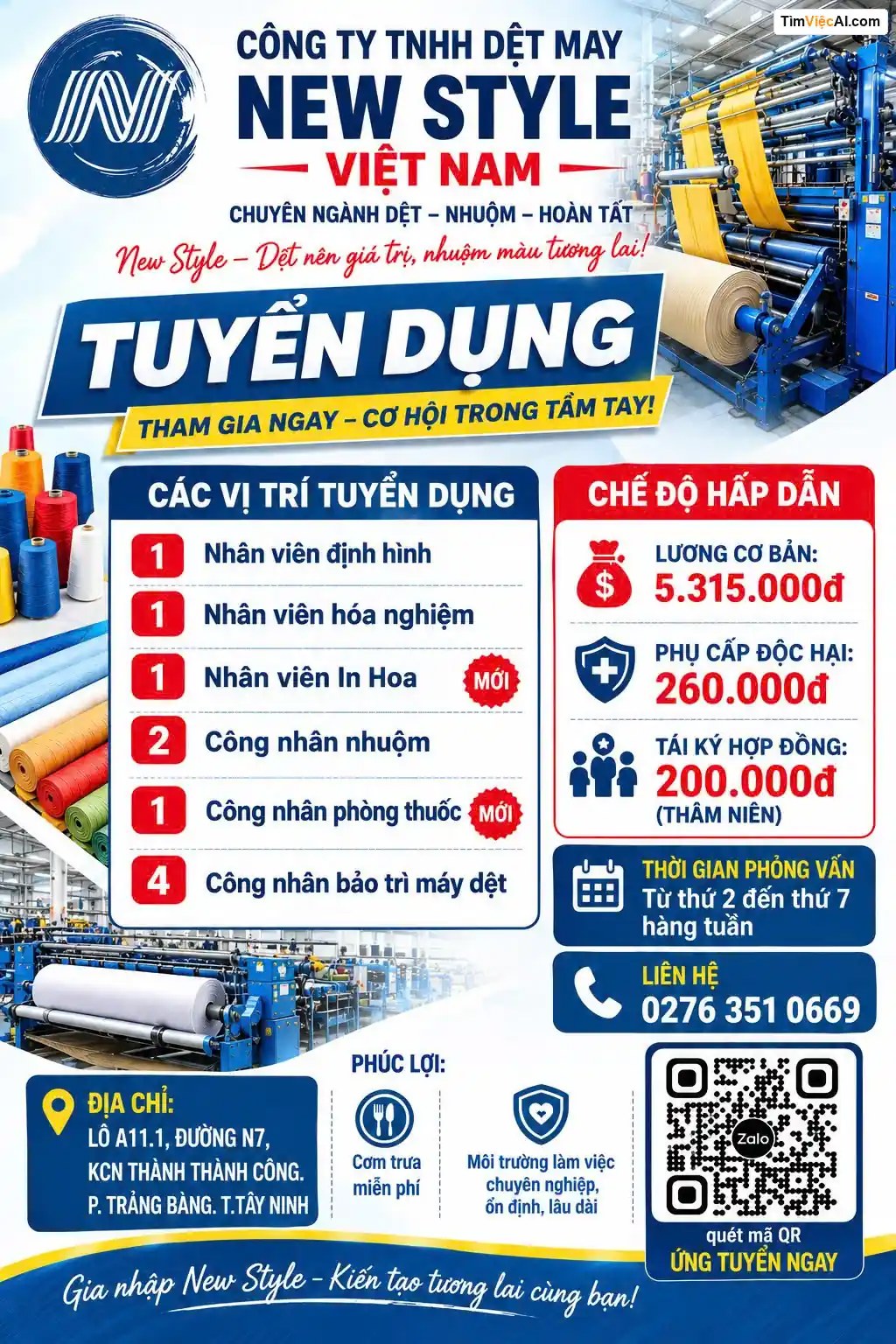Nhân viên định hình, Nhân viên hóa nghiệm, Nhân viên In Hoa, Công nhân nhuộm, Công nhân phòng thuốc, Công nhân bảo trì máy dệt