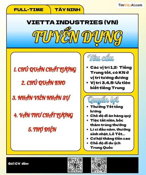 Chủ quản chất lượng, Chủ quản kho, Nhân viên nhân sự, Văn thư chất lượng, Thợ điện