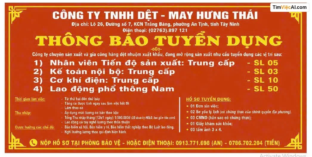 Nhân viên Tiền độ sản xuất, Kế toán nội bộ, Cơ khí điện, Lao động phổ thông Nam