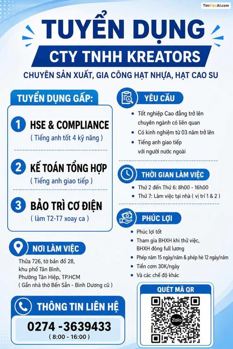 HSE & COMPLIANCE, KẾ TOÁN TỔNG HỢP, BẢO TRÌ CƠ ĐIỆN