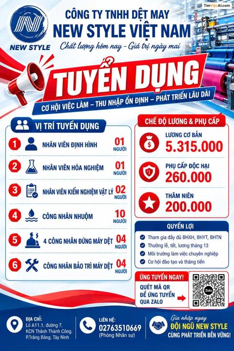 Nhân viên định hình, Nhân viên hóa nghiệm, Nhân viên kiểm nghiệm vật lý, Công nhân nhuộm, Công nhân đứng máy dệt, Công nhân bảo trì máy dệt