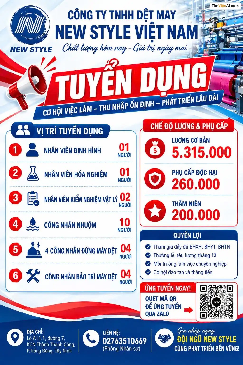 Nhân viên định hình, Nhân viên hóa nghiệm, Nhân viên kiểm nghiệm vật lý, Công nhân nhuộm, Công nhân đứng máy dệt, Công nhân bảo trì máy dệt