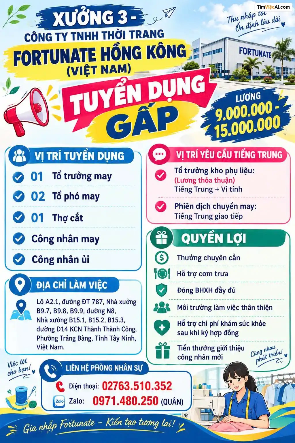 Tổ trưởng may, Tổ phó may, Thợ cắt, Công nhân may, Công nhân ủi