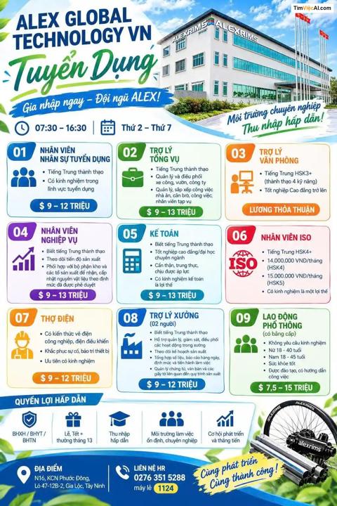 Nhân viên tuyển dụng, Trợ lý tổng vụ, Trợ lý văn phòng, Nhân viên nghiệp vụ, Kế toán, Nhân viên ISO, Thợ điện, Trợ lý xưởng, Lao động phổ thông