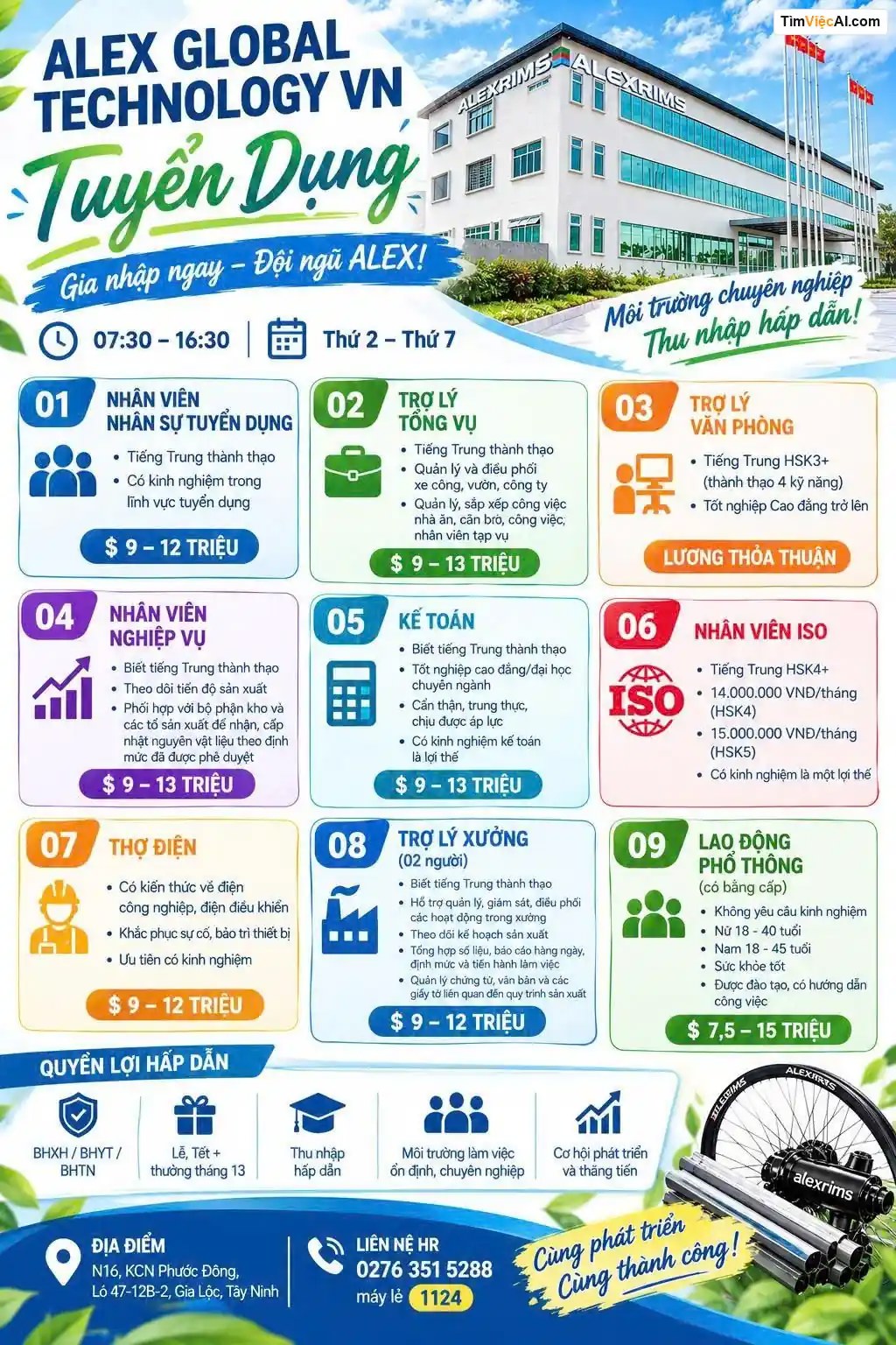 Nhân viên tuyển dụng, Trợ lý tổng vụ, Trợ lý văn phòng, Nhân viên nghiệp vụ, Kế toán, Nhân viên ISO, Thợ điện, Trợ lý xưởng, Lao động phổ thông