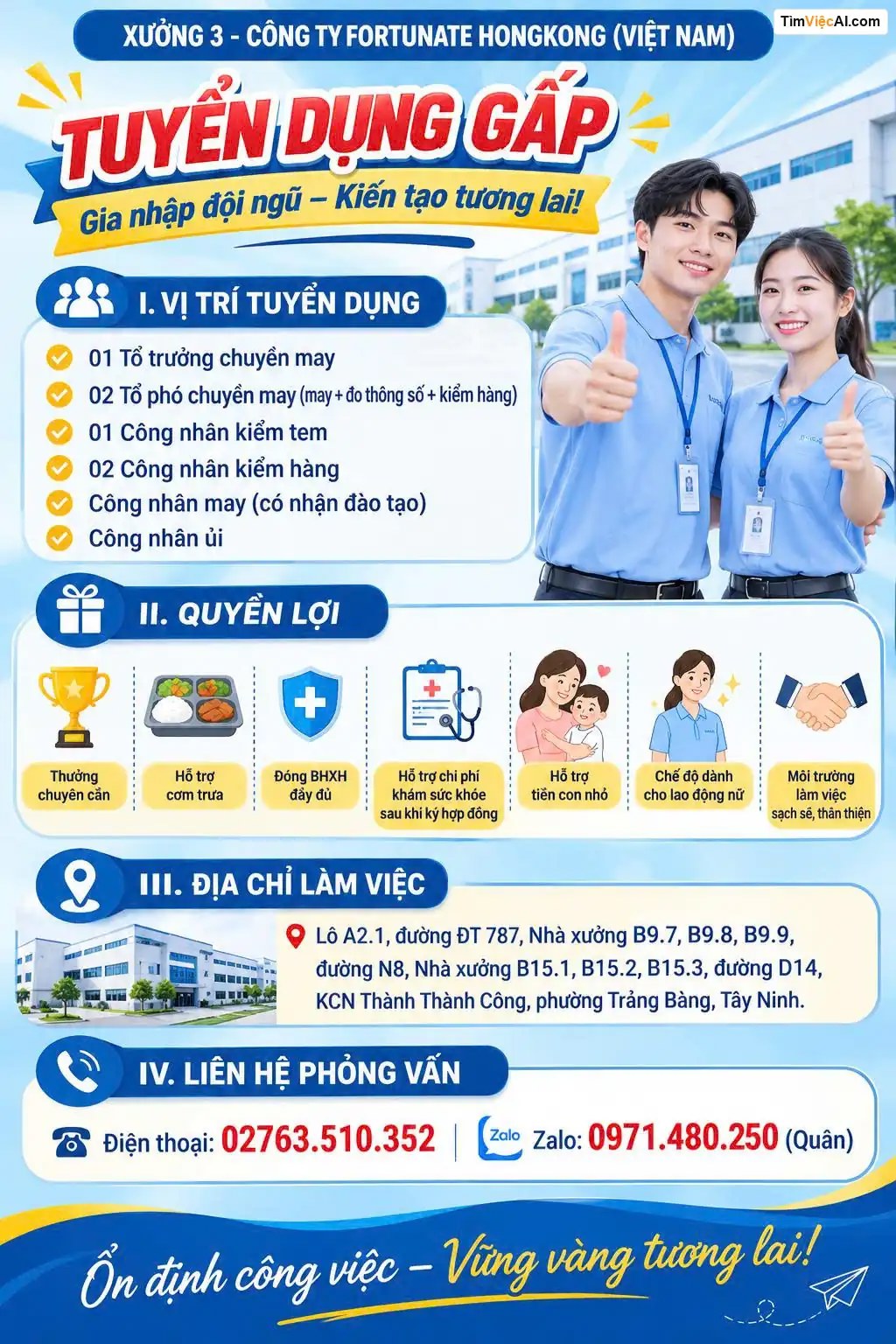 Tổ trưởng chuyên may, Tổ phó chuyên may, Công nhân kiểm tem, Công nhân may, Công nhân ủi