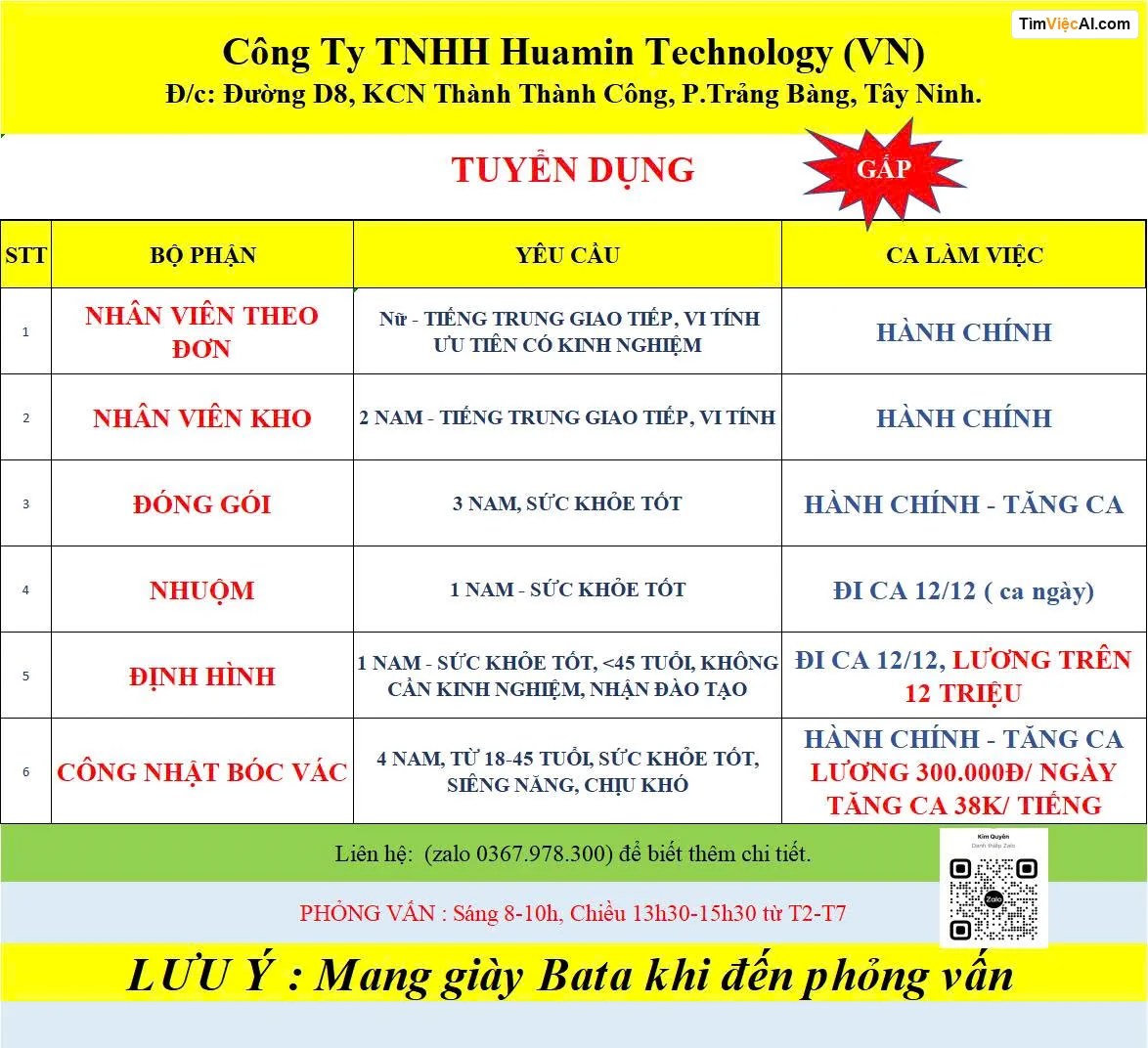 Nhân viên theo đơn, Nhân viên kho, Đóng gói, Nhuộm, Định hình, Công nhân bóc vác