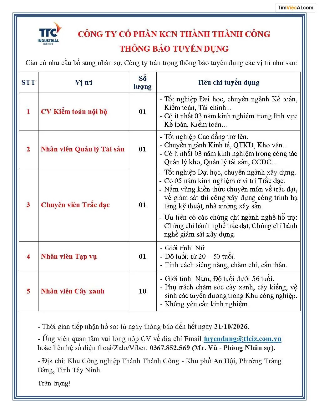 CV Kiểm toán nội bộ, Nhân viên Quản lý Tài sản, Chuyên viên Trắc đạc, Nhân viên Tạp vụ, Nhân viên Cây xanh