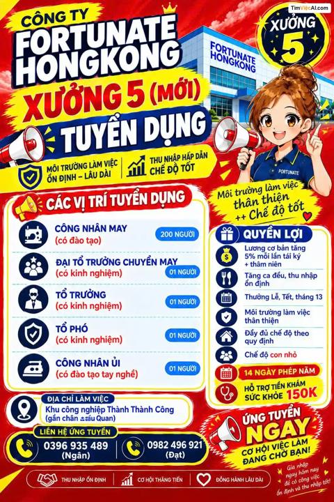 Công nhân may, Đại tổ trưởng chuyên may, Tổ trưởng, Tổ phó, Công nhân ủi