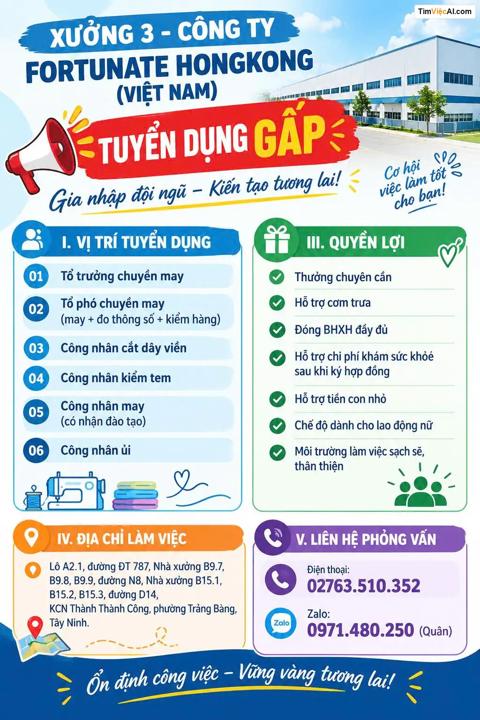 Tổ trưởng chuyên may, Tổ phó chuyên may, Công nhân cắt dây viên, Công nhân kiểm tem, Công nhân may, Công nhân ủi